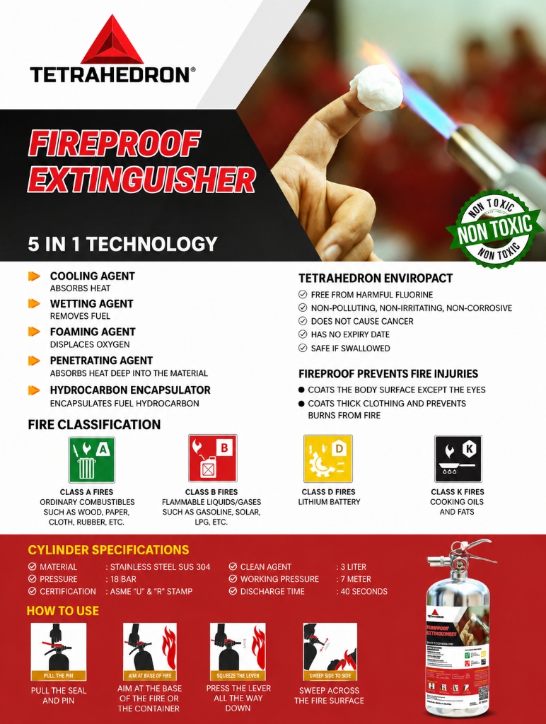 Tetrahedron Fireproof Extinguisher with 5-in-1 Technology & Thermal Protection Test